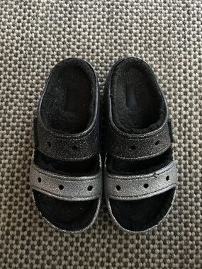 CROCS Black and Silver Glitter Slide Sandals
